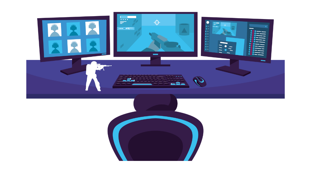 A PC gaming setup featuring three monitors. a gaming chair, a gaming mouse, a gaming keyboard, and a shooter figure standing on top of the desk, symbolizing PC gaming peripherals.