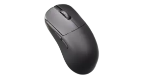 Diagonal side view of the Lamzu Inca gaming mouse with transparent background