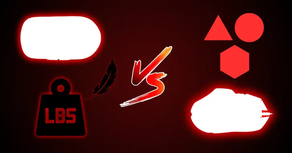 Gaming mouse weight versus shape using icons for weight (LBS), lightness (feather), geometric shapes, and a mouse outline with a "VS" symbol, illustrating a key consideration when buying a gaming mouse.